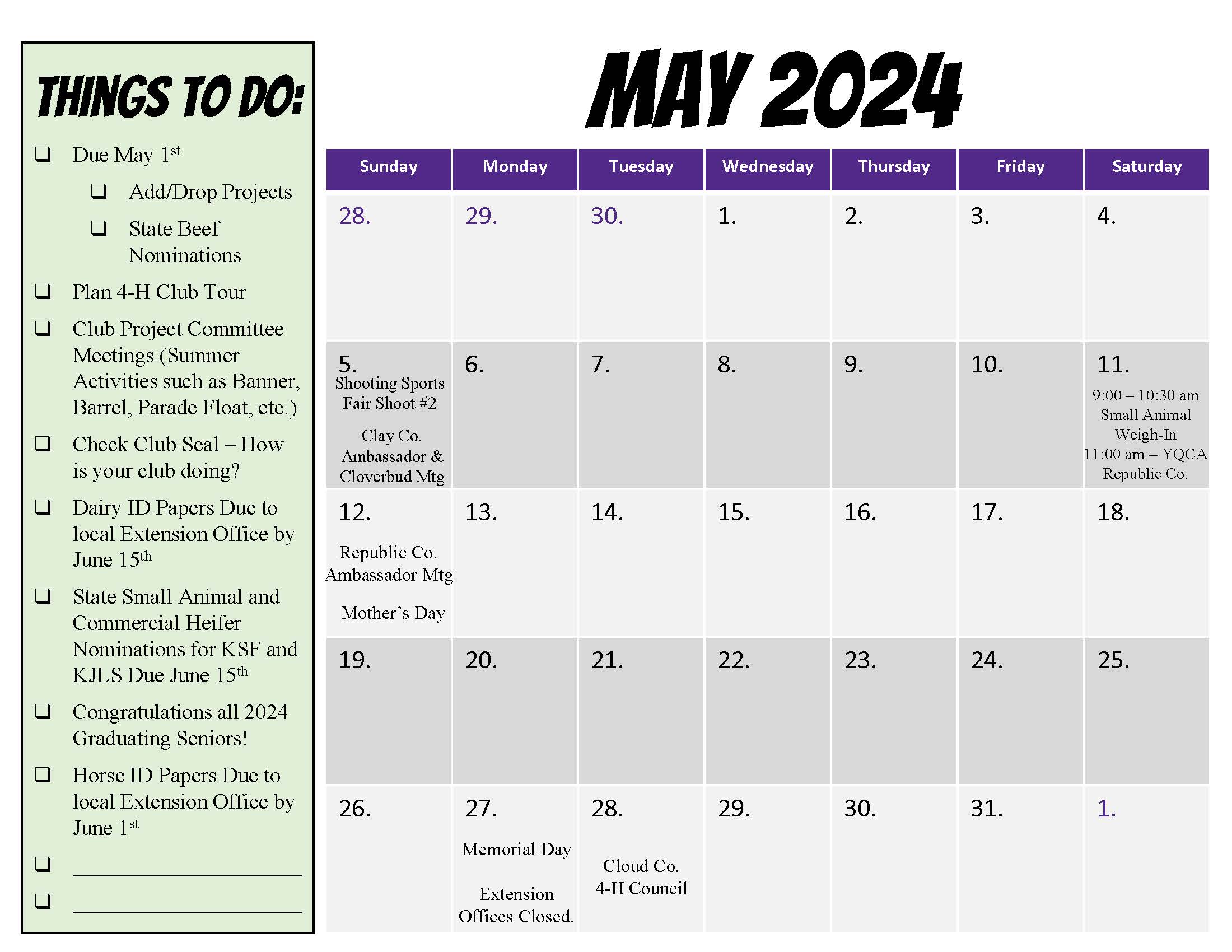 May 4-H Calendar